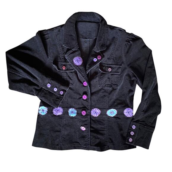 Reworked Embellished Corduroy Jacket Sz S/M Black Purple Flowers Doll People - Picture 1 of 13